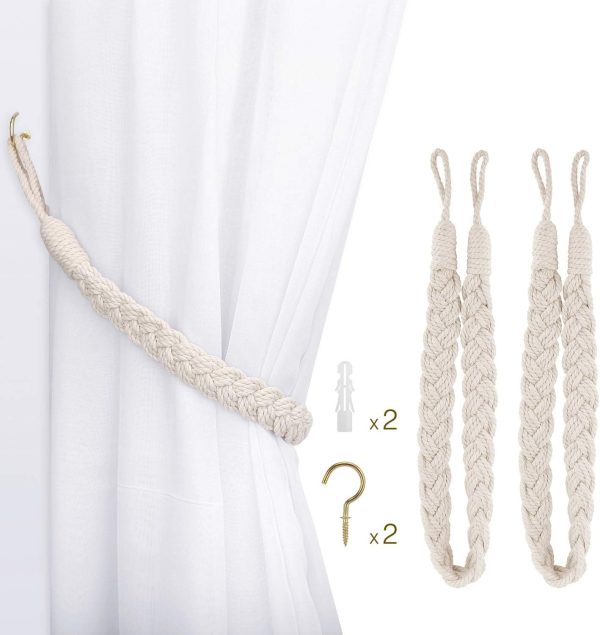Curtain Rope Buckle, 2 Pieces Cotton Knitted Knot Braided Window Curtain Tiebacks Decorative Drapes Holdback for Living Room, Bedroom, Cafe - Beige
