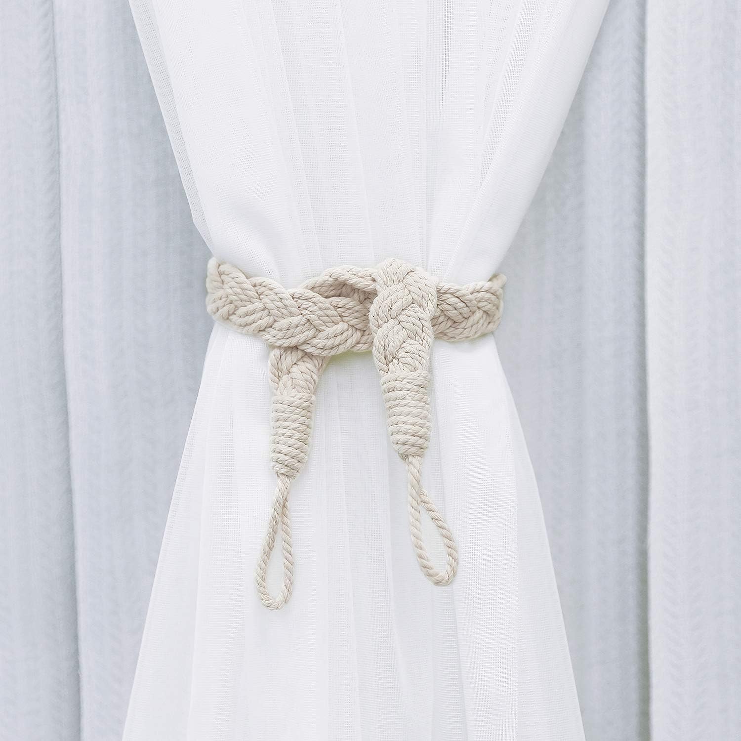 Curtain Rope Buckle, 2 Pieces Cotton Knitted Knot Braided Window Curtain Tiebacks Decorative Drapes Holdback for Living Room, Bedroom, Cafe - Beige - Image 5