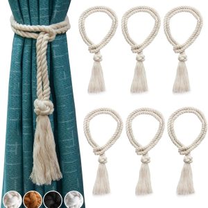 Curtain Ties for Drapes, Boho Curtain Tiebacks for Outdoor and Home Curtains, Rustic Curtain tiebacks, Cotton Rope Macrame Curtain Tie Backs (6 Pack, Beige)