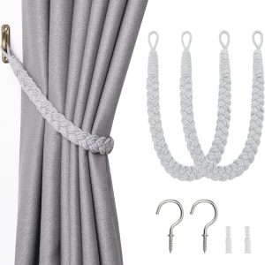 NICEEC 2 Pack Natural Cotton Rope Curtain Tiebacks Elegant Boho Style Decorative Drape Tie Backs Soft Hand-Woven Rope Curtain Holdbacks with Metal Hook for Home & Office Drapery (Light Grey)