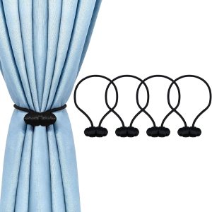 Tifanso Black Magnetic Curtain Tiebacks - 4pcs Curtain Tie Backs for Curtains, Decorative Curtain Ties Holdbacks for Drapes, Boho Drapery Tiebacks, No Drill Curtain Hooks for Bedroom, Farmhouse Decor
